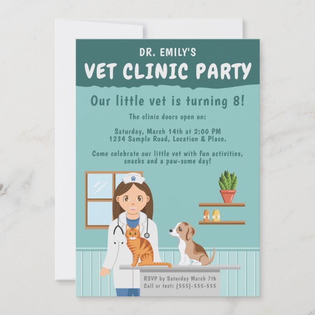 Girl Veterinarian Vet Animal Clinic Kids’ Birthday Invitation (Front)