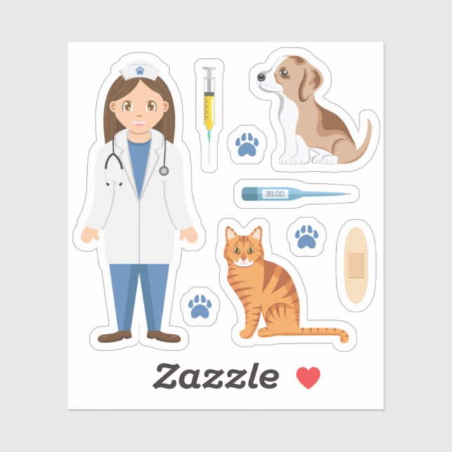 Girl Veterinarian With Puppy Cat And Vet Things Sticker (Sheet)
