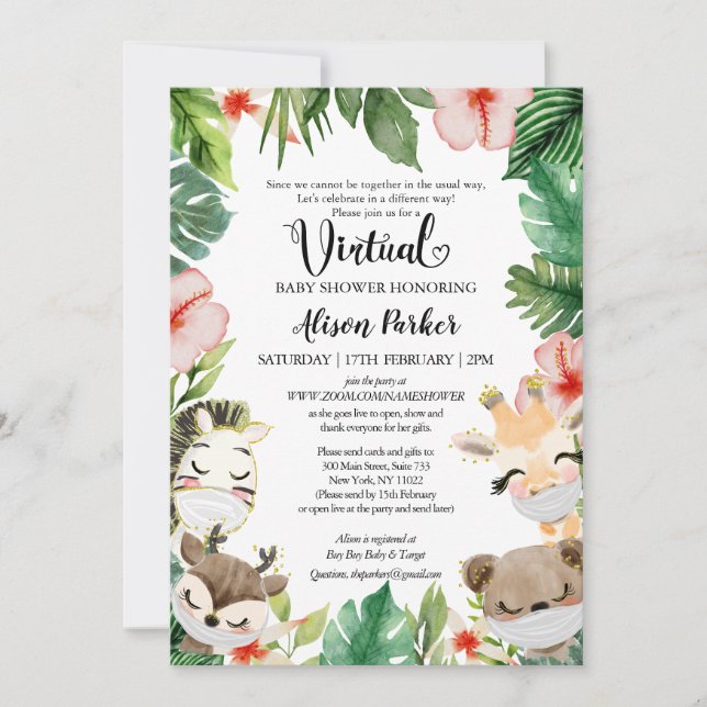 Girl Virtual Baby Shower | Masked Safari Friends Invitation (Front)