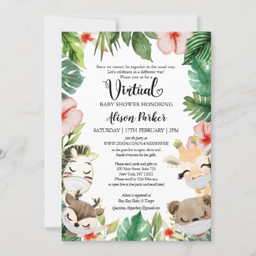 Girl Virtual Baby Shower  Masked Safari Friends Invitation