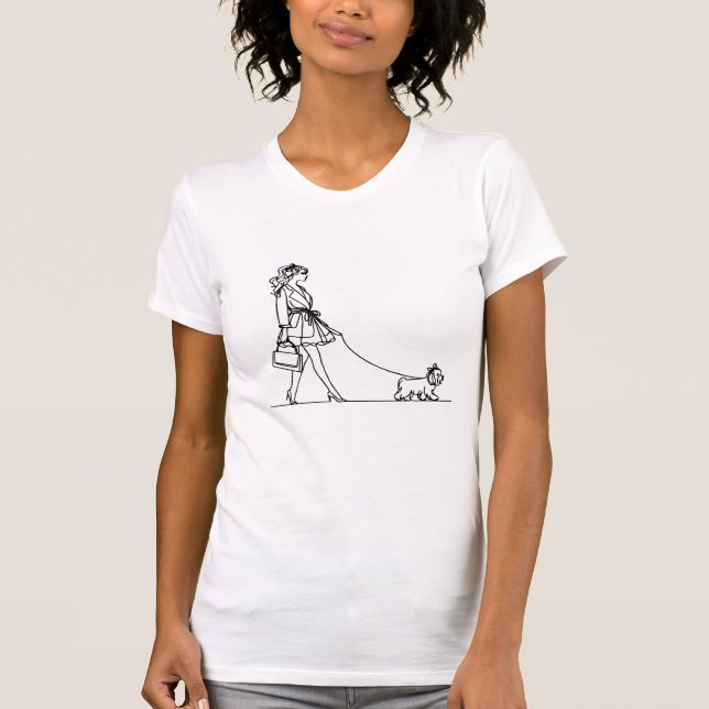 Girl walking a dog, one line drawing, coquette  T-Shirt (Front)