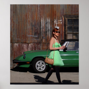 Girl Walking By Old Car & Rustic Building Poster