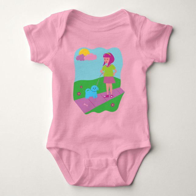 Girl Walking Dog Baby Bodysuit (Front)
