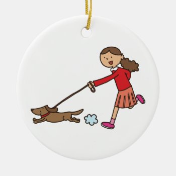 Girl Walking Dog - Dog Walker - Cute Cartoon Ceramic Ornament by Barzee at Zazzle