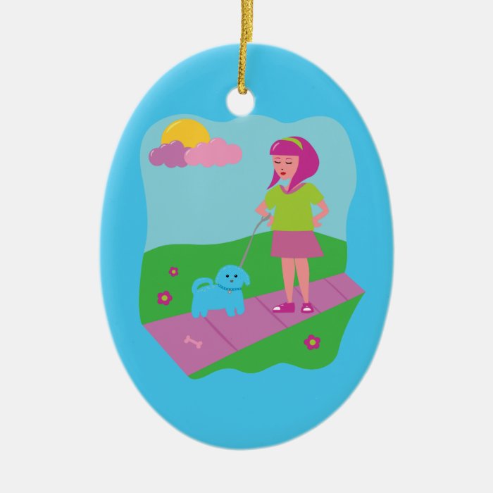 Girl Walking Dog Ornaments