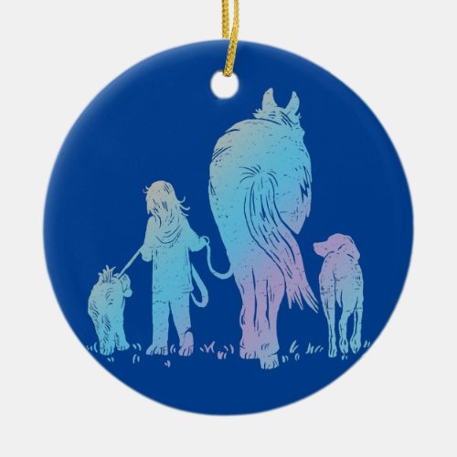 Girl Walking Dogs and Horse Dog Horses Ranch Ceramic Ornament