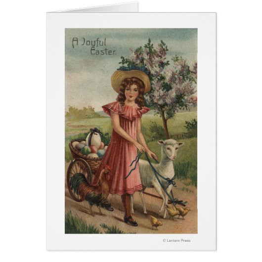 Girl Walking Lamb, Chick, and Rooster Cards (Front)