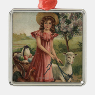 Girl Walking Lamb, Chick, and Rooster Metal Ornament