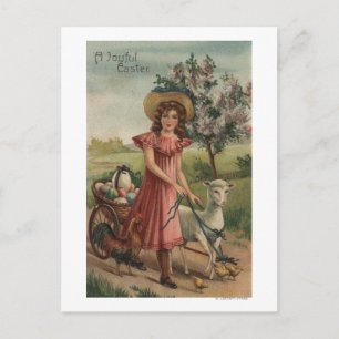 Girl Walking Lamb, Chick, and Rooster Postcard