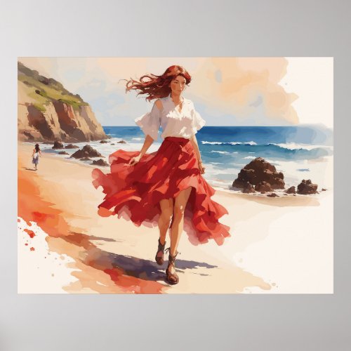 girl walking on the beach poster