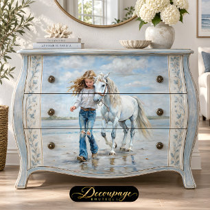 Girl Walks White Horse Beach Farmhouse Decoupage Tissue Paper