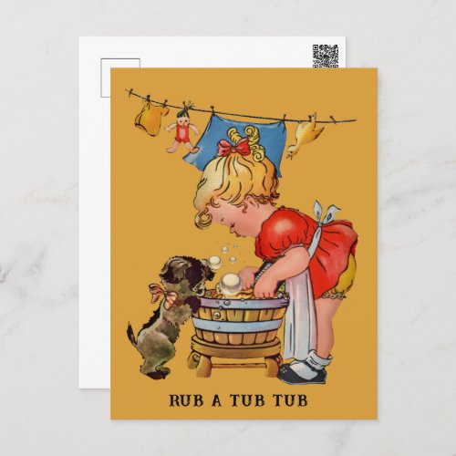 GIRL WASHES WITH DOG  Postcard