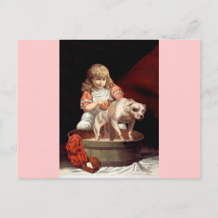Girl Washing her Pet Dog Postcard