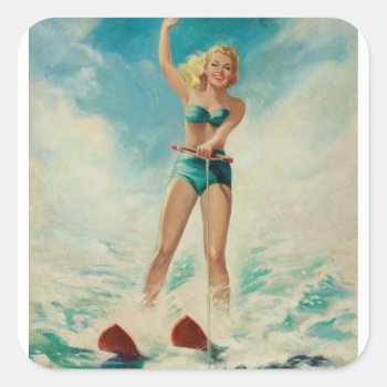 Girl Water Skiing Pin Up Art Square Sticker by Pin_Up_Art at Zazzle