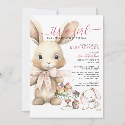 Girl Watercolor Bunny Baby Shower Invitation