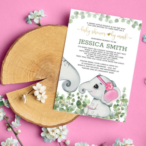 Girl Watercolor Elephant Baby Shower by Mail Invitation