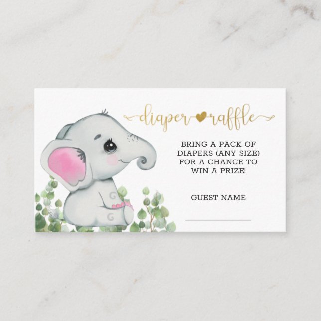 Girl Watercolor Elephant Diaper Raffle Enclosure Card (Front)