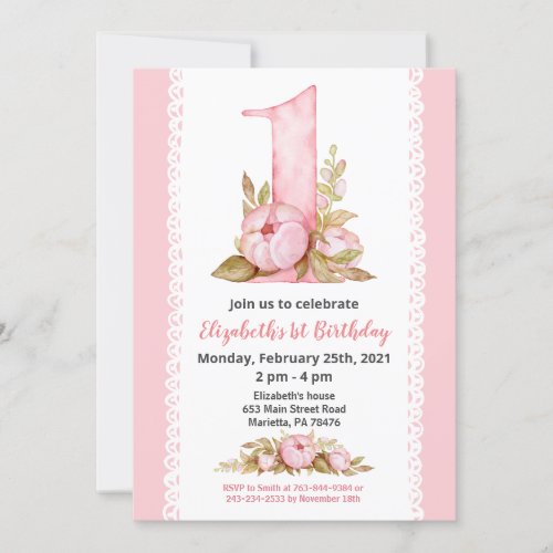 Girl Watercolor Floral 1st Birthday Invitation