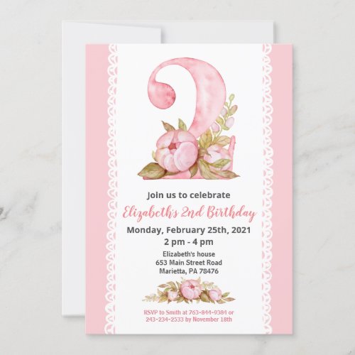 Girl Watercolor Floral 2nd Birthday Invitation