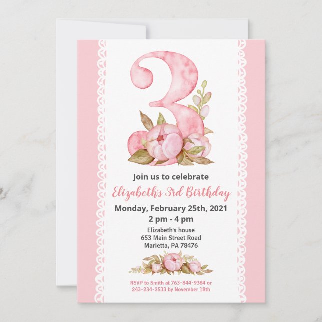 Girl Watercolor Floral 3rd Birthday Invitation (Front)