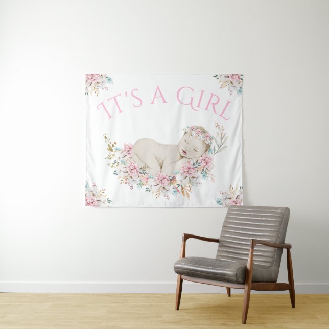 Girl Watercolor Floral Baby Shower Backdrop Banner (In Situ (Horizontal))