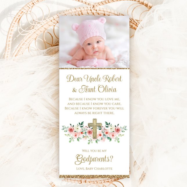 Girl Watercolor Floral Cross Godparent  Invitation (Pretty pink and gold photo Godparent invitation with watercolor flowers and cross.)