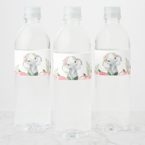 Girl Watercolor Floral Elephant Baby Shower Water Bottle Label