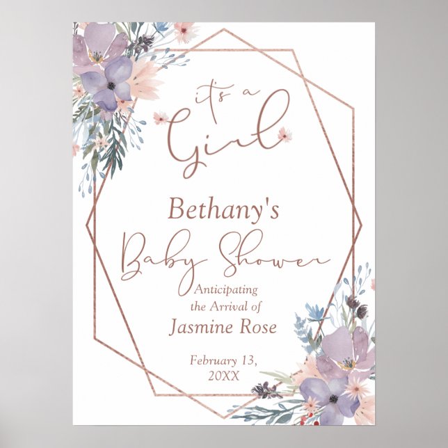 Girl Watercolor Floral Wildflowers Baby Shower Poster (Front)