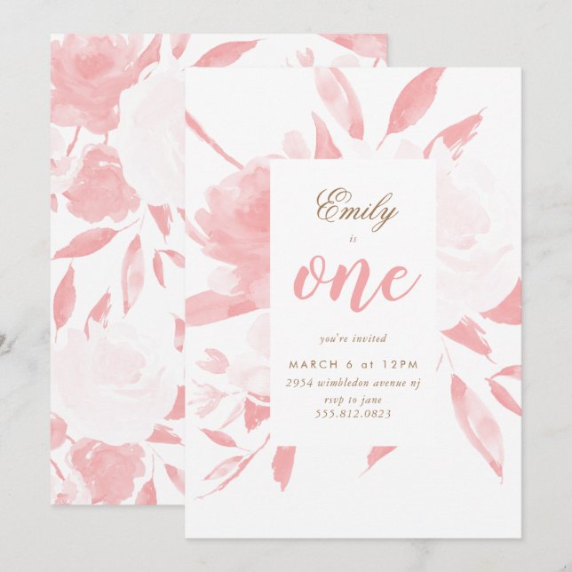 Girl Watercolor Pink First Birthday Invitation (Front/Back)