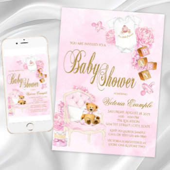 Girl Watercolor Pink Gold Teddy Bear Baby Shower Invitation by The_Baby_Boutique at Zazzle