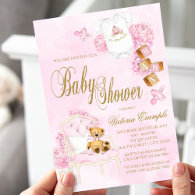 Girl Watercolor Pink Gold Teddy Bear Baby Shower Invitation