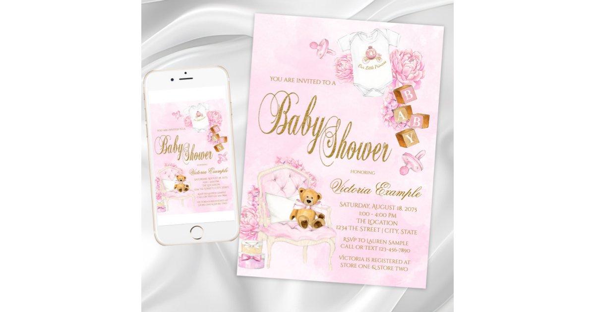 Girl Watercolor Pink Gold Teddy Bear Baby Shower Invitation | Zazzle
