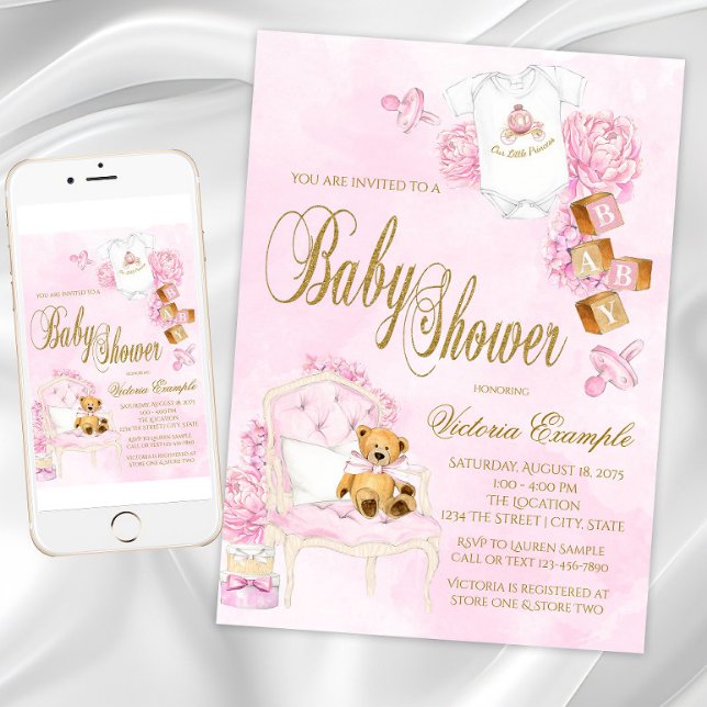 Girl Watercolor Pink Gold Teddy Bear Baby Shower Invitation