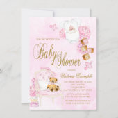 Girl Watercolor Pink Gold Teddy Bear Baby Shower Invitation (Front)