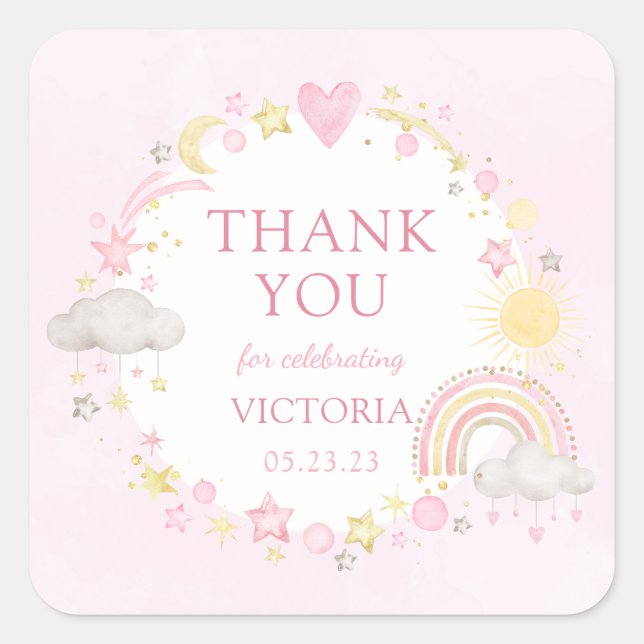 Girl Watercolor Rainbow Baby Shower Square Sticker (Front)