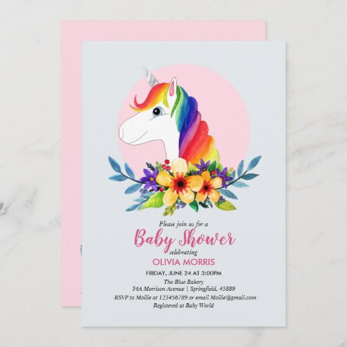 Girl Watercolor Rainbow Unicorn  Name Baby Shower Invitation