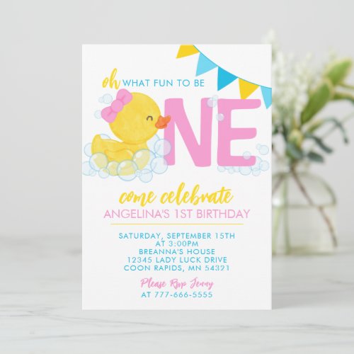 Girl Watercolor Rubber Duck 1st Birthday Party Invitation