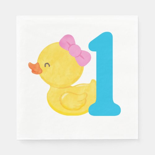 Girl Watercolor Rubber Duck Birthday Party Napkins