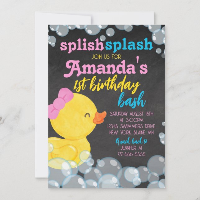 Girl Watercolor Rubber Duck Chalkboard Birthday Invitation (Front)