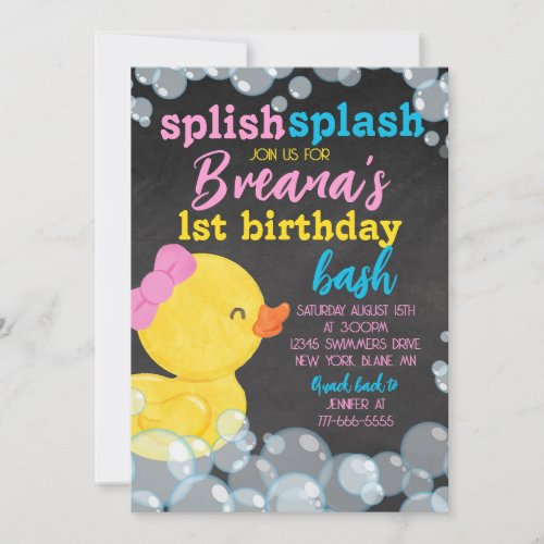 Girl Watercolor Rubber Duck Chalkboard Birthday Invitation