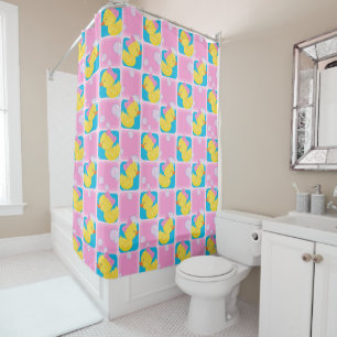 Girl Watercolor Rubber Duck Checkered Shower Curtain