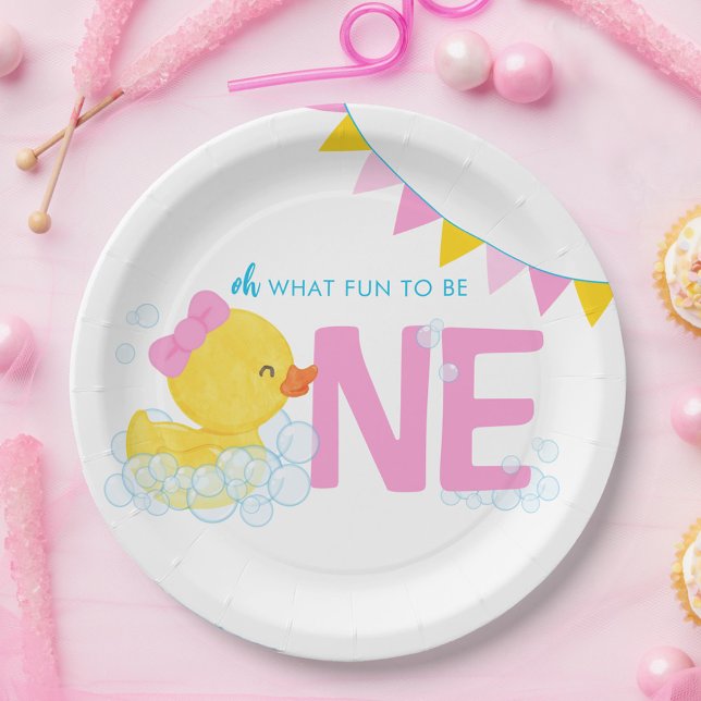 Girl Watercolor Rubber Duck ONE 1st Birthday Paper Plates (Oh What fun to be One Girl Rubber Duck 1st Birthday Paper Party Plates)