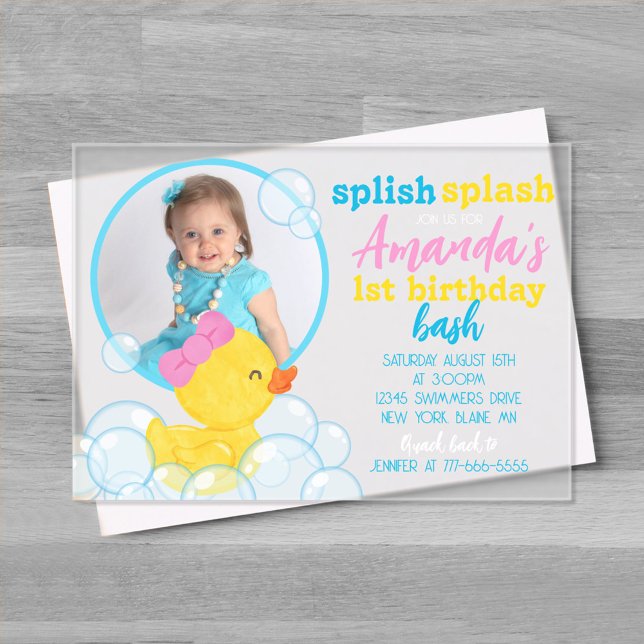 Girl Watercolor Rubber Duck Photo Birthday Acrylic Invitations (Splish Splash Girl Watercolor Rubber Duck 1 Photo Birthday Invitation)