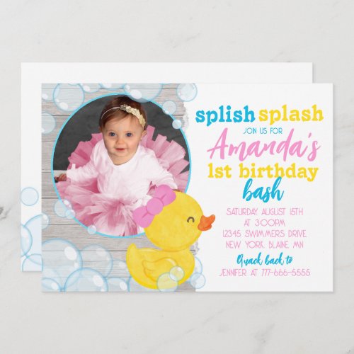 Girl Watercolor Rubber Duck Photo Birthday Invitation