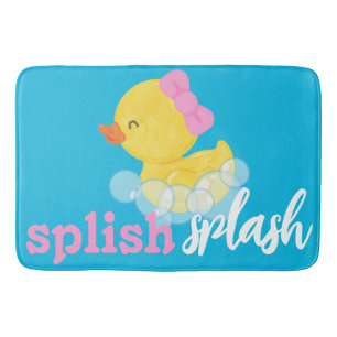 Girl Watercolor Rubber Duck Splish Splash Blue Bath Mat