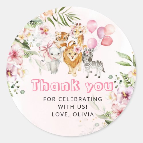 Girl watercolor safari birthday party classic round sticker