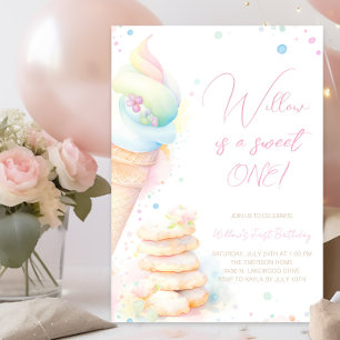 Girl Watercolor Sweets Sweet One First Birthday Invitation