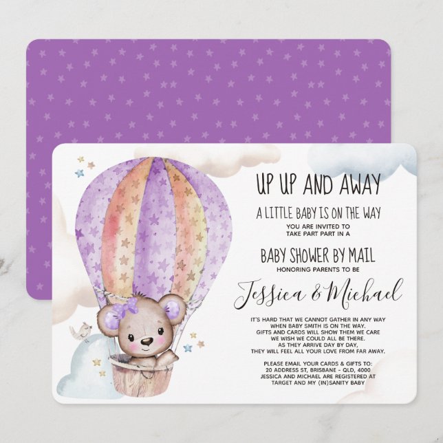 Girl Watercolor Teddy Bear | Baby Shower by Mail Invitation (Front/Back)