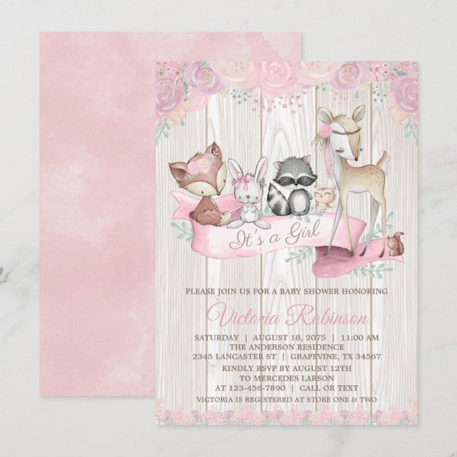 Girl Watercolor Woodland Animal Floral Baby Shower Invitation (Front/Back)