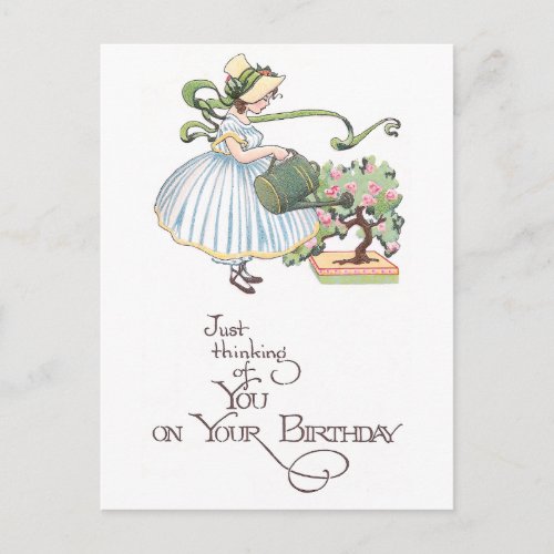 Girl Watering Bonsai Vintage Birthday Postcard